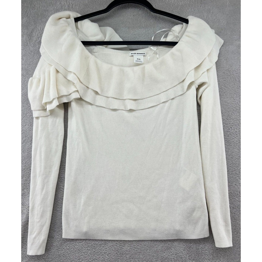 Club Monaco Sweater Womens M Cream Ruffle Off The Shoulder Long Sleeve Ribbed